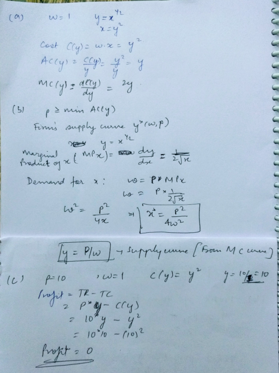 (a) wol y=x2 ay Cost Cry)= w.x=y² Accys & Cly) - 7 - Y mclys = ally) = 24 (3) pamin Ally) Firus supply curve y(w, p) marginal