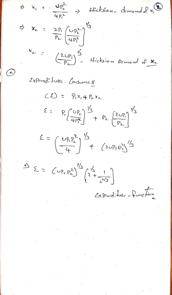 > K, :. → Hicksían deinend of te 42,2 Y - Hicksiau Demand of x₂ Expendi terår- Consumed (E) = Pix, + P2 X 2 12 24 Des (1083