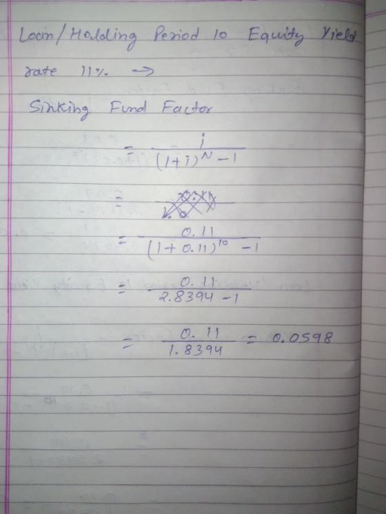 Leom/Haloling Periad lo Equity Yield aate 217 Sinking Fund Factor /+1)N-1 O.11 1+o.11)0 O.11 2.8394 -1 O. 11 1.8394 0,0598