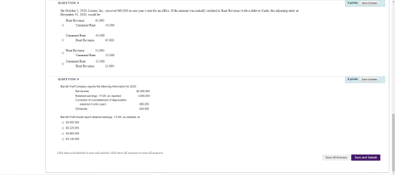 QUESTION 4 2 points Save Answer On October 1, 2020. Leister, Inc., received $60,000 as one years rent for an office. If the
