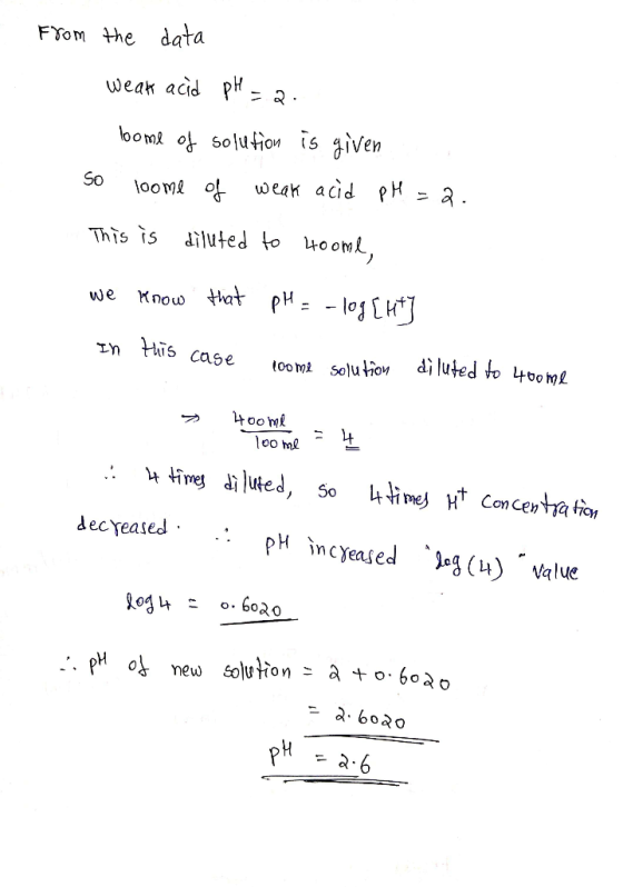 From the data weak acid pH - Q. loome of solution is given So loome of weak acid pH = 2. This is diluted to loome, pH = -log[