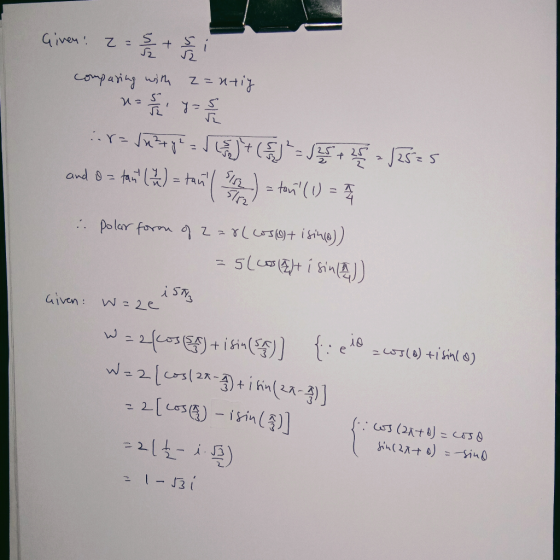 Given 2 Z comparig in and B- ta (곳)-tad/ a) = tor () = 숙 poler formm 이 2 > v(uT(9)+ ish6)) aiven : W 그 2e + wA2702-)i fin(ea
