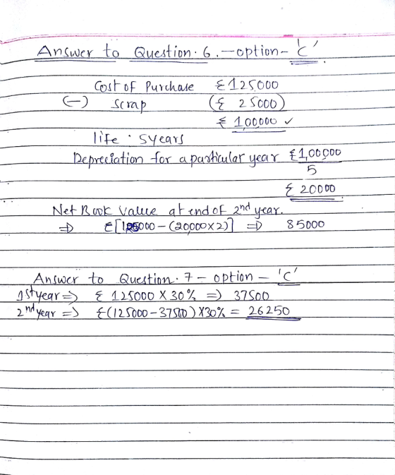 Answey to Question 6 -option- C 2 Sco0 100000 SC Ya lire Syeay 20000 of 2nd ·子一option _ | C wr to Uu 125000 X 30% 25000-37RD)X30%s 26250 nd 2.