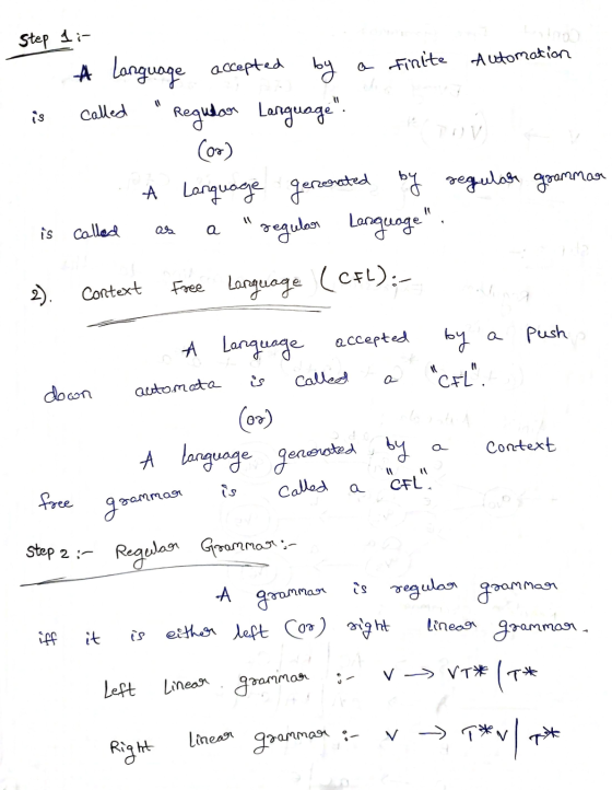 Step 1: is called Language accepted by Finite Automation Regular Language. Coo) A Language by regular grammar regular Langua
