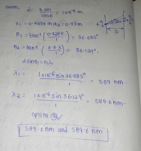 Given, 0.00) -1X106 m 1000 2, - 0 3388 ma-03 m -( 36.1a 36.085 (13) Ba-tant 0.3 dsine-na 27= Ix1o sin 36 08 S 589 nm a 1x106S