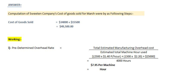 ANSWER= Computation of Sweeten Companys Cost of goods sold for March were by as following Steps:- Cost of Goods Sold = $3400