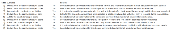 Pes Yes Yes S.No. Answers 1) Deduct from the cash balances per books 2) Deduct from the cash balances per books 3) Does not a