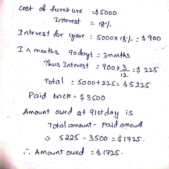 cost of furnit ure. 285000 Interest - 18). I ntevest for lilar : 5000x 18.). - $.900 In months aodays - 3 months .. This Int