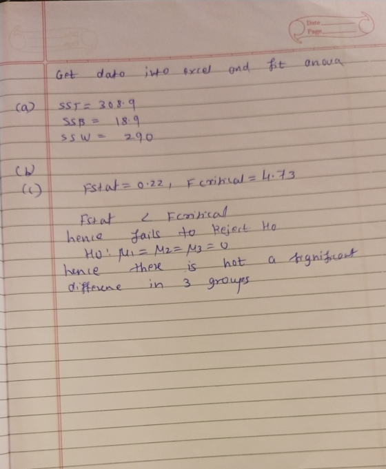 Date Page Get Onoua dato and fit into excel ca 2 SST 308.9 SSB = 18.9 ssw= 290 Estat = 0.22, F critical = 4.73 Estat 2 Ecriti