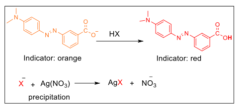 Indicator: orange Indicator: red AgX + NO3 X + Ag(NO3) - precipitation