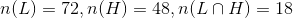 n(L)=72, n(H)=48, n(L\cap H)=18