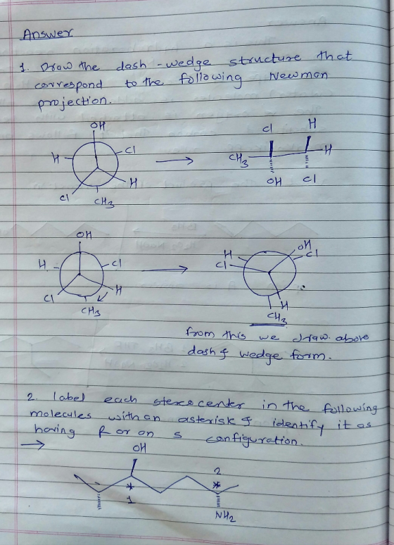Answer 1. Drow the correspond projection. dash -wedge structure that to the following Newman B c H oh al CHA 4- cl- CH3 alla