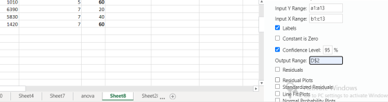 un 60 1010 6390 7 20 Input Y Range: a1:a13 5830 7 40 Input X Range: b1:13 1420 7 60 Labels O Constant is Zero Confidence Leve