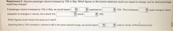 Requirement 2. Assume passenger volume increases by 12% in May. Which figures on the income statement would you expect to cha