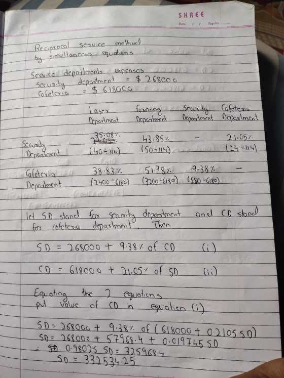 SHREE Date: / Page No. Reciprocal service method by simultaneous equations de Convite departments expenses DD 815 Security de