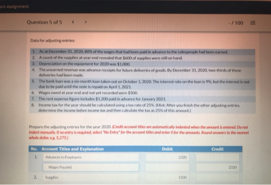 ork Assignment Question 5 of 5 - / 100 Data for adjusting entries: 1. As at December 31, 2020, 80% of the wages that had been