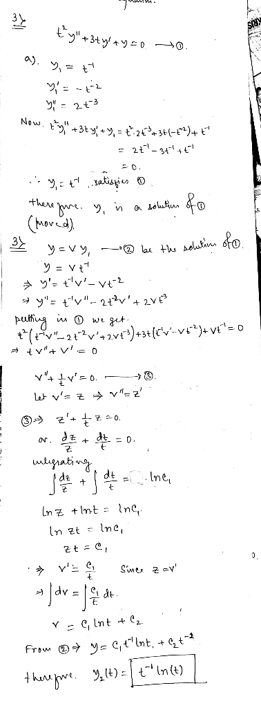 ty+3+ y + y co -0. as. y = =-*2 y = 2t3 Now. Ey +3ty+y = tizt3+3+(-8²)+t = 2t-34** is, ty satisfies on there jure, y, in