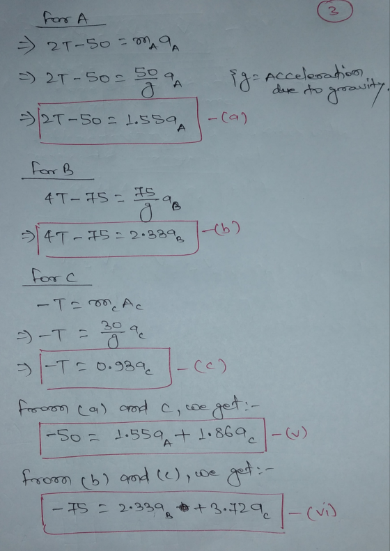 3 for A - 2T-50 M 9A ar = 2T-50 50 g ig= Acceleration der to groavity =/2T-50 = d.ssa -(a) A for B 4T-75- IS 98 0 (6) 14T 4T