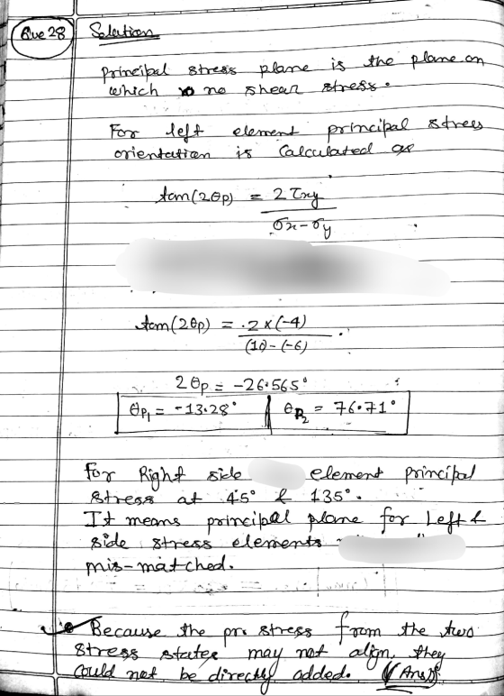Que 28 Solution Principal stress which o no plane is the plane on shear stress o For left orientation element Calculated ar p