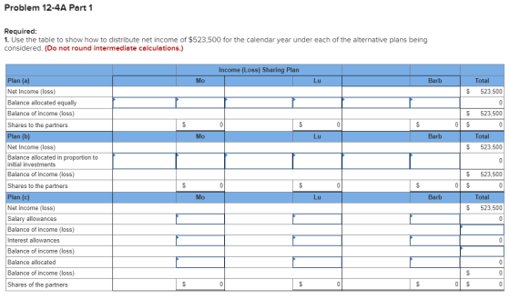 Problem 12-4A Part 1 Required: 1. Use the table to show how to distribute net income of $523,500 for the calendar year under