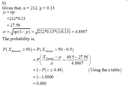 b) Given that, n = 212, p = 0.13 A =np =212*0.13 = 27.56 o = {mp(1- p) = 212*0.13*(1-0.13) = 4.8967 The probability is, P(XBi