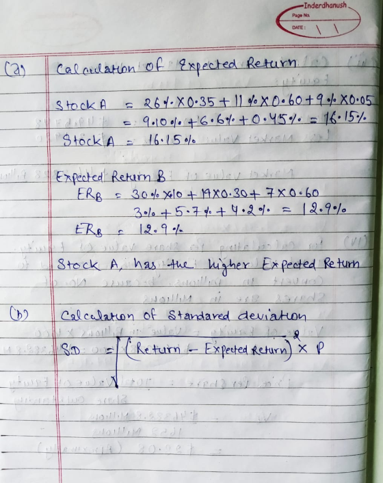 Inderdhanush Page Na DATE: DATE: 0 can calculation of Expected Return of the Stock A Edipu Stock A = 264.80.35+ 11 % x 0.60 +