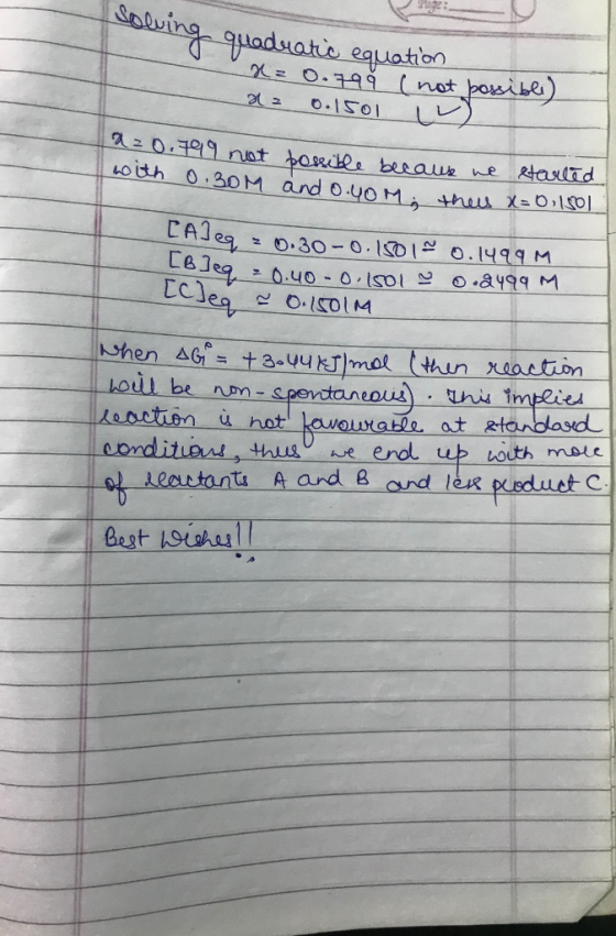 solving quadratic equation x= 0.798 (not possible) az 0.1501 W azo.799 not possible becaus we started with 0.30M and 0.40M: t
