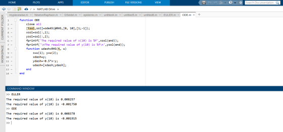 HOME PLOTS APPS EDITOR PUBLISH FILE VERSIONS VIEW Search Documentation a x untitled6.m EULER.m X ODE. m x + CURRENT FOLDER WO