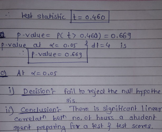 test statistic t=0,460 p-values PC t > 0,460) = 0.669 p-value at X= 0.05 & df=4 p-value = 0.669 is c) At x=0.05 i) Decision o
