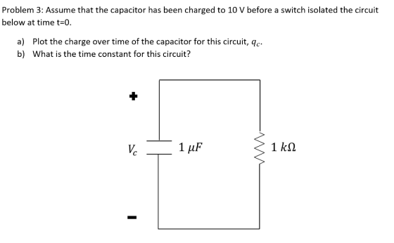 Problem 3: Assume that the capacitor has been charged to 10 V before a switch isolated the circuit below at time t-o. a) Plot the charge over time of the capacitor for this circuit, qc b) What is the time constant for this circuit? 1 kn