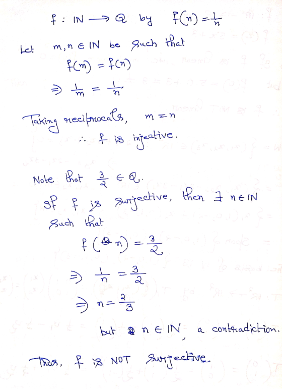 Let f: IN Q by f(n) = 1/2 min E iN be such that fcm) = f(n) the Heart Taking reciprocals, man t is injective. I nein Note tha
