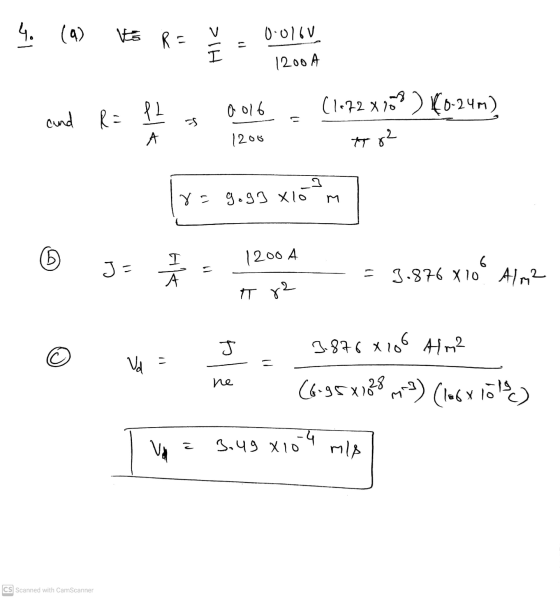 4. (a) to RC HIZ 0.016V 1200 A PL 6016 and R= (1172 x 203) 0-24m) S 1200 782 १ r=g og 3 xlo M م) 1200 A J= I A 11 6 3.876 X 1