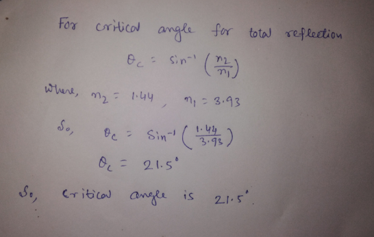 For critical angle angle for total reflection Oc= sini where, m₂ = 1.44 na = 3.93 So, oc Sint ( 1.44 3.93) O = 21.5 S Critica