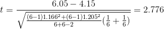 t= \frac{ 6.05 - 4.15}{\sqrt{ \frac{(6-1)1.166^2 + (6-1)1.205^2}{ 6+6-2}(\frac{1}{ 6}+\frac{1}{ 6}) } } = 2.776