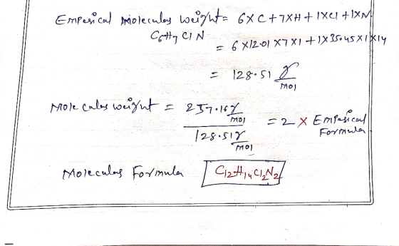 Empesical briolecules Weight: 6xC+7XH + 1x21 +iXN! Cetty CIN 6 X12.01 X7X1 +1X35045 xil kly = 128.51 Mole cales weight = 2570