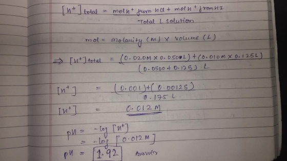 1h telal = molnt from nat molnt from na Total L solution on mol = molarity (mix volume (2) luttotal = - 10.020M X 0.0500L) +