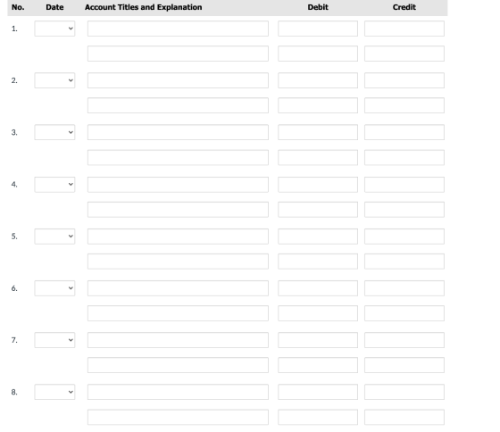No. Date Account Titles and Explanation Debit Credit 1. 2. 3. 4. 5. 6. 7. 8.