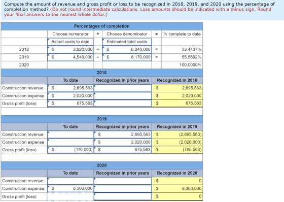 Compute the amount of revenue and gross profit or loss to be recognized in 2018, 2019, and 2020 using the percentage of compl