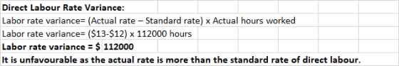 Direct Labour Rate Variance: Labor rate variance= (Actual rate - Standard rate) x Actual hours worked Labor rate variance= ($
