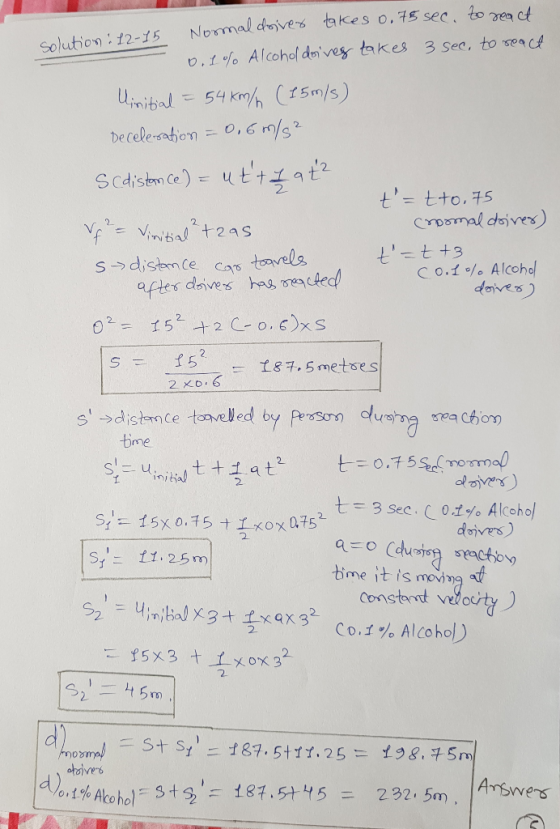 en c Solution 12-15 Normal doives takes 0.5 se 3 sec. to oo.c4 0 , fヅ0 Alcohofdm.voS, bkes 54 kmh (15m/s) 2- t= tto ,45 C o.