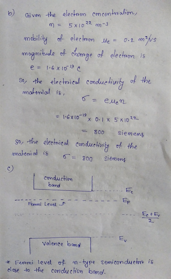 b) Given the electroom concentration, m = 5x100 22 m-3 0.1 m mobility of electron me = m²/vs of electron is magnitude of char