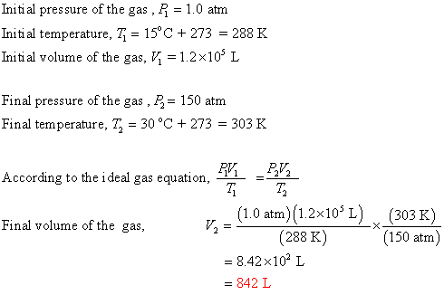 Initial pressure of the gas , P = 1.0 atm Initial temperature, T= 15°C +273 = 288 K Initial volume of the gas, Vj = 1.2x10 L