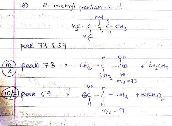 18) 2-methy! pentan - 3-01 it .. OH - HC peak 73 8.59 peak 73 → + CH₂ CH3 criz- & -co Hz H M/2=73 N Ohnen (m12) peak 59 - - C
