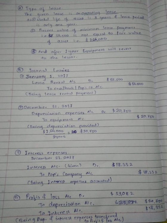 1 Type of lease The given lease is an operating lease. as Useful life of asset is 8 years of lease period. is only one year.