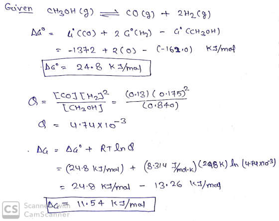 Guiven CH3OH (g) = CO(g) + 2H2(g) A4° - Cco) + 2 C°C H) - ( CH 20H) .-1372 + BCO) - (-1620) KJ/mol Daº = 24.8 k 3/may e. [co