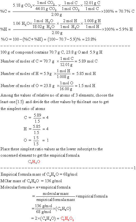 1 mol Co, 1 mol C 12.01 g C 44.01g Co, 1mol CO, 1 mol C %C = — 4x100% = 70.7% C 2.00 g 1 mol H2O2 mol H 1.008 g H 1.06 H, 0X1