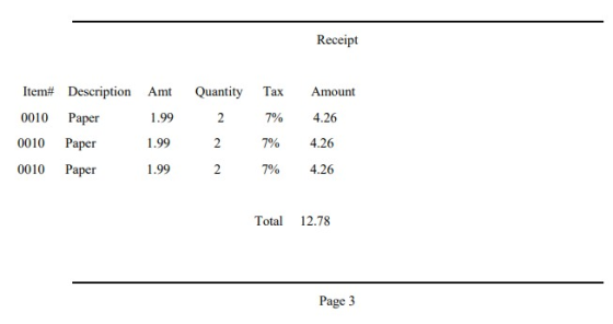 Receipt Item# Description Amt Quantity Tax Amount 0010 Paper 0010 Paper 0010 Paper 1.99 1.99 1.99 7% 4.26 790 4.26 7% 4.26 To
