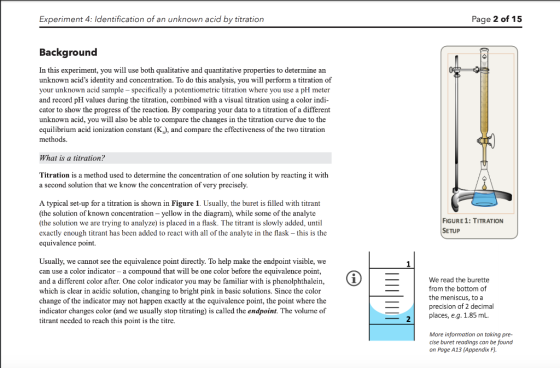 Experiment 4: Identification of an unknown acid by titration Page 2 of 15 Background In this experiment, you will use both qu