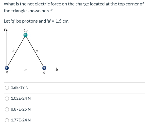 What is the net electric force on the charge located at the top corner of the triangle shown here? Let q be protons and a