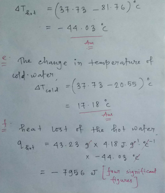 4T 31.73 - 2|76) c - 44 03 C Au The change in +emperatwre t utd water 37 73-20-55c ATcold 17 18 C Aus heat the hot water ost